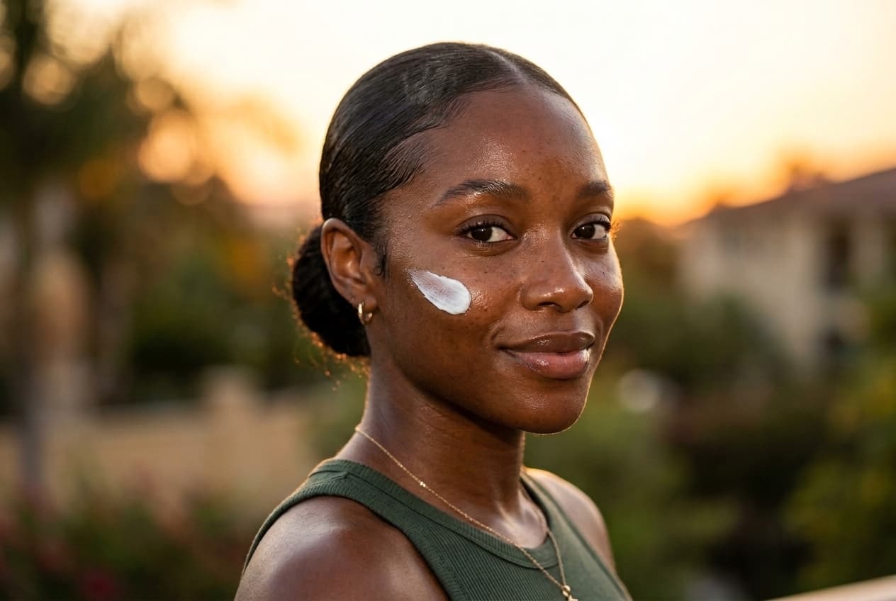 Melanin model showing Serengeti Sunshield mineral sunscreen cream smear on glowing bare skin